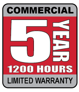 Commercial five year, 1200 hours, limited warranty badge.