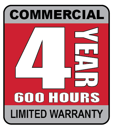 Commercial four year, 600 hours, limited warranty badge.