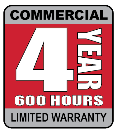 Commercial four year, 600 hours, limited warranty badge.