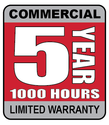 Commercial five year, 1000 hours, limited warranty badge.