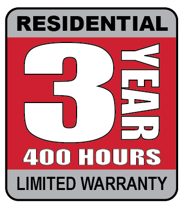 Residential three year, 400 hours, limited warranty badge.